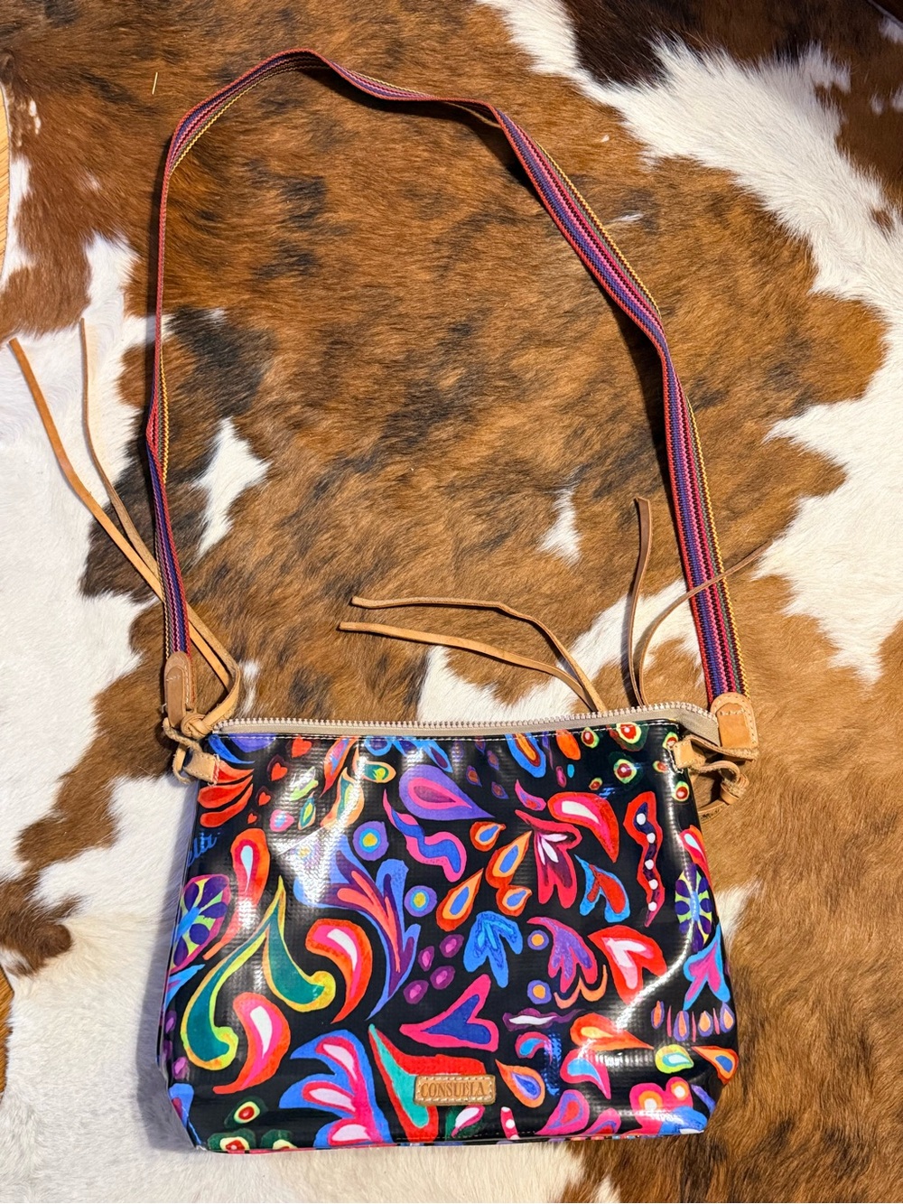 Consuela Black Multicolor Floral-Print Crossbody Bag with Striped Strap